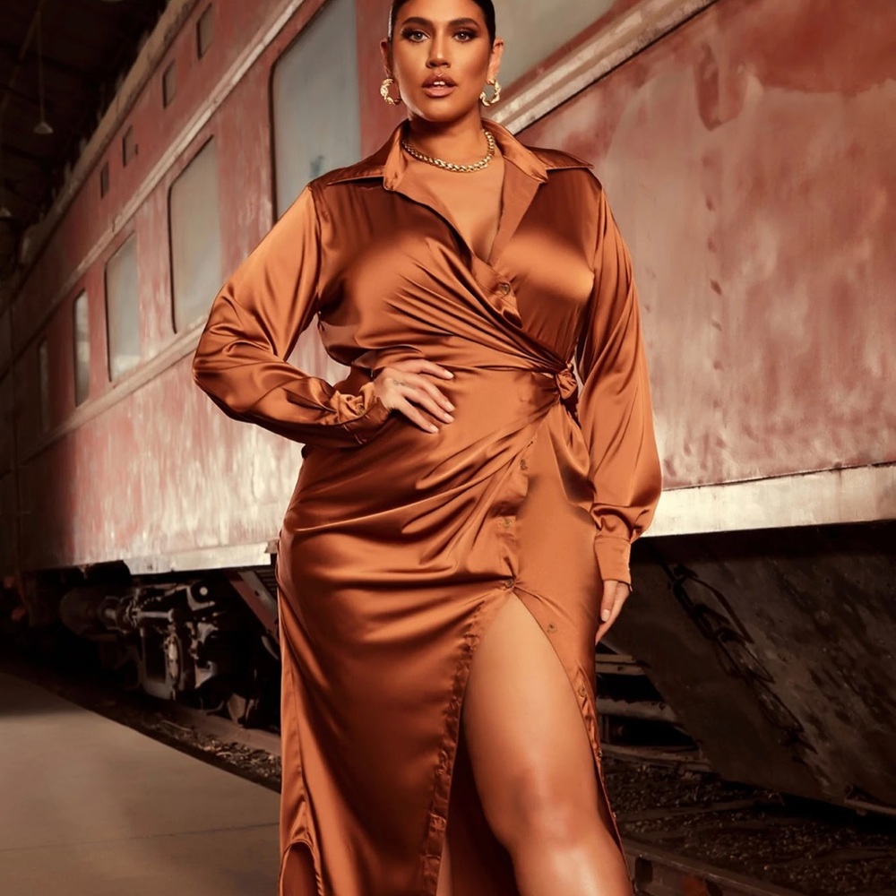 Copper color button down satin dress. NEW NEVER WORN